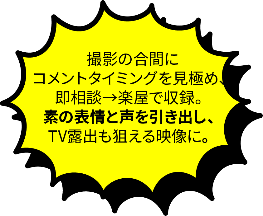 撮影の合間にコメントタイミングを見極め、即相談→楽屋で収録。素の表情と声を引き出し、TV露出も担える映像に。