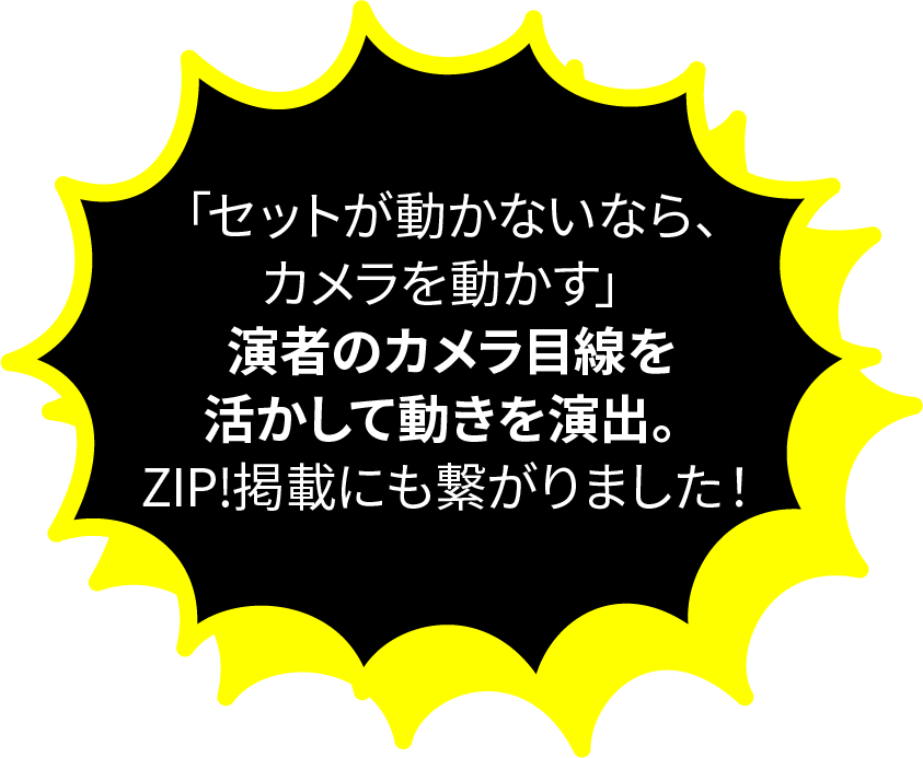 「セットが動かないなら、カメラを動かす」演者のカメラ目線を活かして動きを演出。ZIP掲載にも繋がりました！